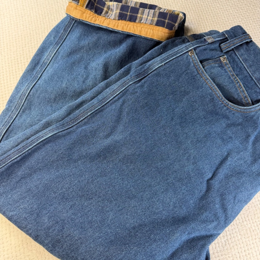 Duluth Trading Co Mens Flannel Lined Jeans Blue Plaid 44x30 Work Pants Denim